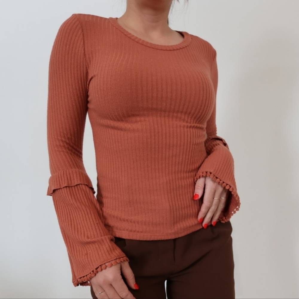 Altar'd State Ribbed Bell Sleeve Top Burnt Orange